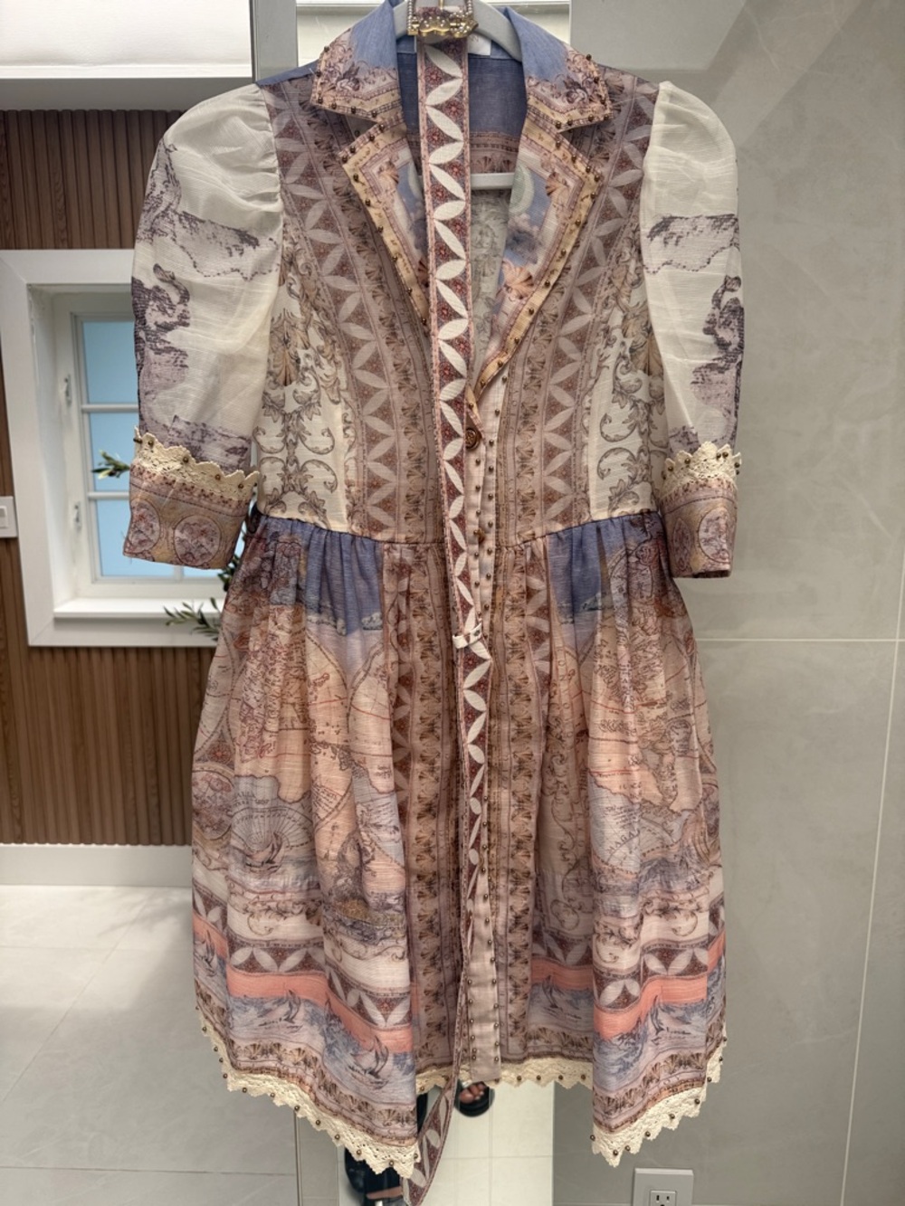 Vintage-Inspired Beige & Dusty Pink Printed Midi Dress